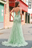 Mermaid Green Corset Spaghetti Straps Long Prom Dress with 3D Flowers