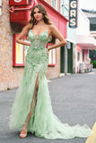 Mermaid Green Corset Spaghetti Straps Long Prom Dress with 3D Flowers