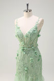 Green Mermaid Spaghetti Straps 3D Flowers Long Prom Dress with Slit