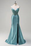 Sparkly Grey Green Mermaid Spaghetti Straps Corset Long Prom Dress with Slit