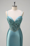 Sparkly Grey Green Mermaid Spaghetti Straps Corset Long Prom Dress with Slit