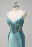 Sparkly Grey Green Mermaid Spaghetti Straps Corset Long Prom Dress with Slit