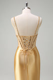 Sparkly Golden Mermaid Spaghetti Straps Corset Long Prom Dress with Slit