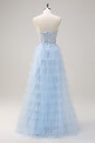 Light Blue Spaghetti Straps A-Line Tulle Tiered Long Corset Prom Dress with Slit