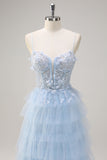 Light Blue Spaghetti Straps A-Line Tulle Tiered Long Corset Prom Dress with Slit