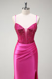 Sparkly Fuchsia Mermaid Spaghetti Straps Beaded Corset Satin Long Prom Dress with Slit