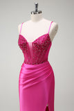 Sparkly Fuchsia Mermaid Spaghetti Straps Beaded Corset Satin Long Prom Dress with Slit