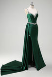 Sparkly Dark Green Mermaid Side Streamer Sequined Corset Satin Prom Dress with Slit