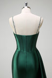 Sparkly Dark Green Mermaid Side Streamer Sequined Corset Satin Prom Dress with Slit