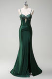 Sparkly Dark Green Mermaid Beaded Corset Satin Long Prom Dress with Slit