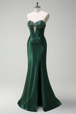 Sparkly Dark Green Mermaid Beaded Corset Satin Long Prom Dress with Slit