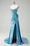 Metallic Blue Mermaid Strapless Corset Flowers Beaded Long Prom Dress with Slit