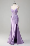 Lilac Mermaid Embroidered Long Plus Size Prom Dress with Slit