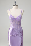 Lilac Mermaid Spaghetti Straps Long Prom Dress with Appliques