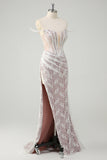 Sparkly White Mermaid Off the Shoulder Beaded Lace Corset Ruched Prom Dress with Slit