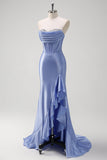 Sparkly Grey Blue Mermaid Strapless Ruffle Corset Satin Long Prom Dress with Slit