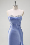 Sparkly Grey Blue Mermaid Strapless Ruffle Corset Satin Long Prom Dress with Slit