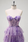 Lilac A-Line Off the Shoulder Corset Floral Ruffles Long Prom Dress with Slit