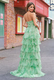 Green Floral A Line Strapless Ruffles Long Prom Dress with Slit