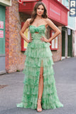 Green Floral A Line Strapless Ruffles Long Prom Dress with Slit