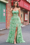 Green Floral A Line Strapless Ruffles Long Prom Dress with Slit