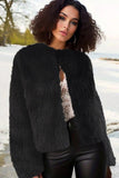 Black Fluffy Round Neck Faux Fur Long Sleeves Coat