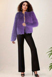 Black Fluffy Round Neck Faux Fur Long Sleeves Coat