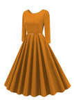 Yellow Round Neck Short Sleeves A-Line Midi 1950s Dress with Belt