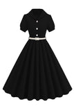 Black V-neck Short Sleeves A-Line Midi 1950s Dress with Belt