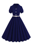 Black V-neck Short Sleeves A-Line Midi 1950s Dress with Belt