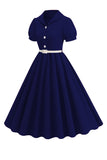 Black V-neck Short Sleeves A-Line Midi 1950s Dress with Belt