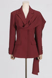 Burgundy Peak Lapel Single Breasted Women Blazer