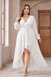 White A-Line Wrap Long Sleeves High-Low Party Dress