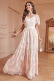 White A-Line Short Sleeves Lace Long Party Dress