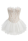 White Lace A-Line Strapless Corset Strapless Tiered Short Party Dress