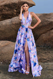 Floral Print Blue Purple A Line Halter Prom Dress with Slit