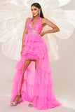 Fuchsia A Line Halter Tiered Tulle Prom Dress with Slit