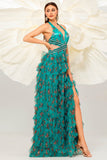 Dark Green Floral Halter A Line Tulle Prom Dress with Slit