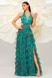 Dark Green Floral Halter A Line Tulle Prom Dress with Slit