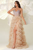 Champagne A Line Sweetheart Corset Tiered Tulle Long Prom Dress with Slit