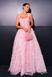 Pink A Line Tulle Slit Long Prom Dress with Appliques