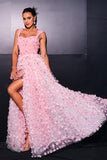 Pink A Line Tulle Slit Long Prom Dress with Appliques