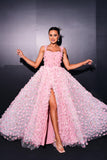 Pink A Line Tulle Slit Long Prom Dress with Appliques