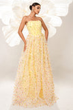 Yellow Strapless A Line Corset Tulle Long Prom Dress with Appliques