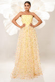 Yellow Strapless A Line Corset Tulle Long Prom Dress with Appliques