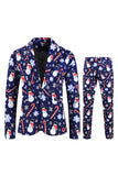 Navy Snowmen Printed 3 Pieces Men's Christmas Suits