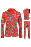 Red Notched Lapel Christmas Printed 3 Pieces Men's Suits