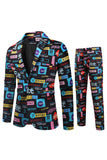 Black Text Printed Notched Lapel Men's Party Suits