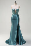 Sparkly Dusty Green Mermaid Spaghetti Straps Beaded Long Prom Dress with Slit