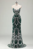 Glitter Dark Green Mermaid Strapless Sequins Long Corset Prom Dress With Beading